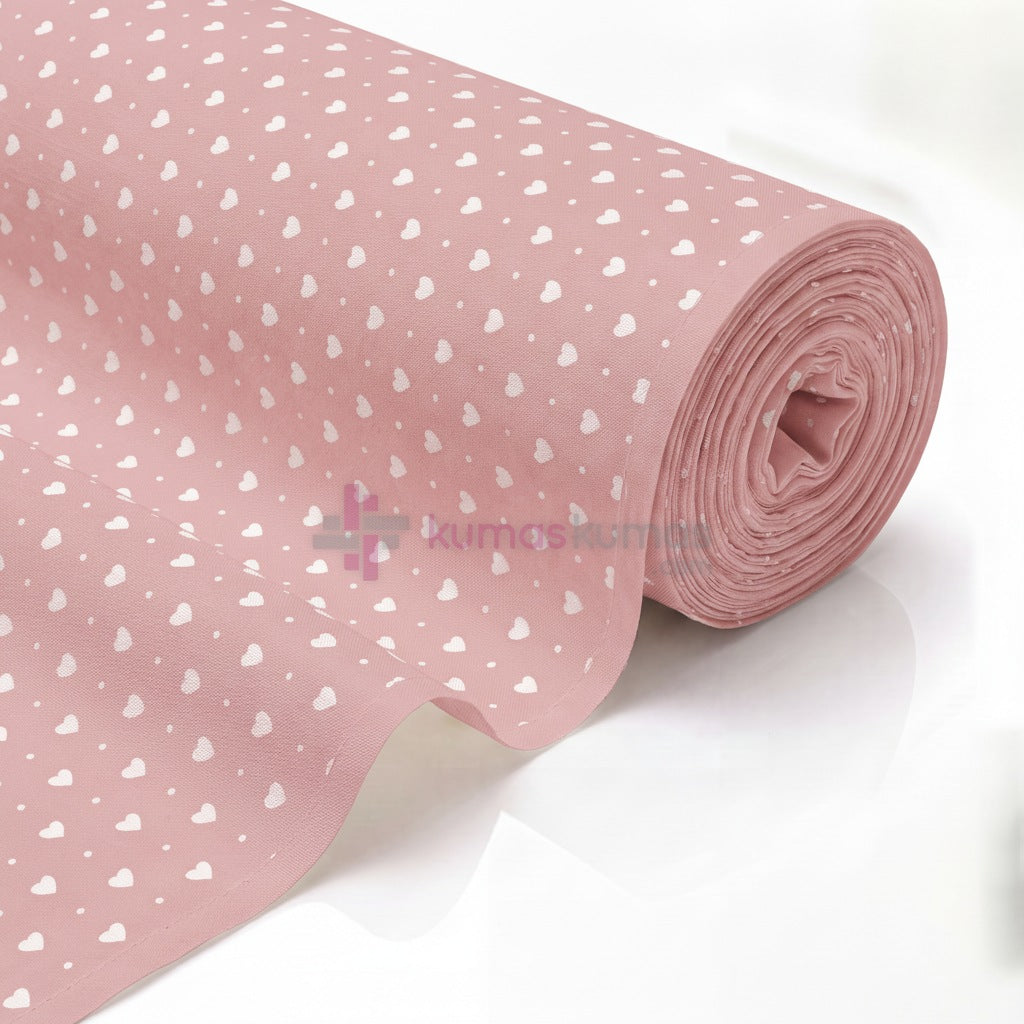 Pembe Kalp ve Puan Desenli Pamuklu Nevresimlik Kumaş - Renkli Zemin